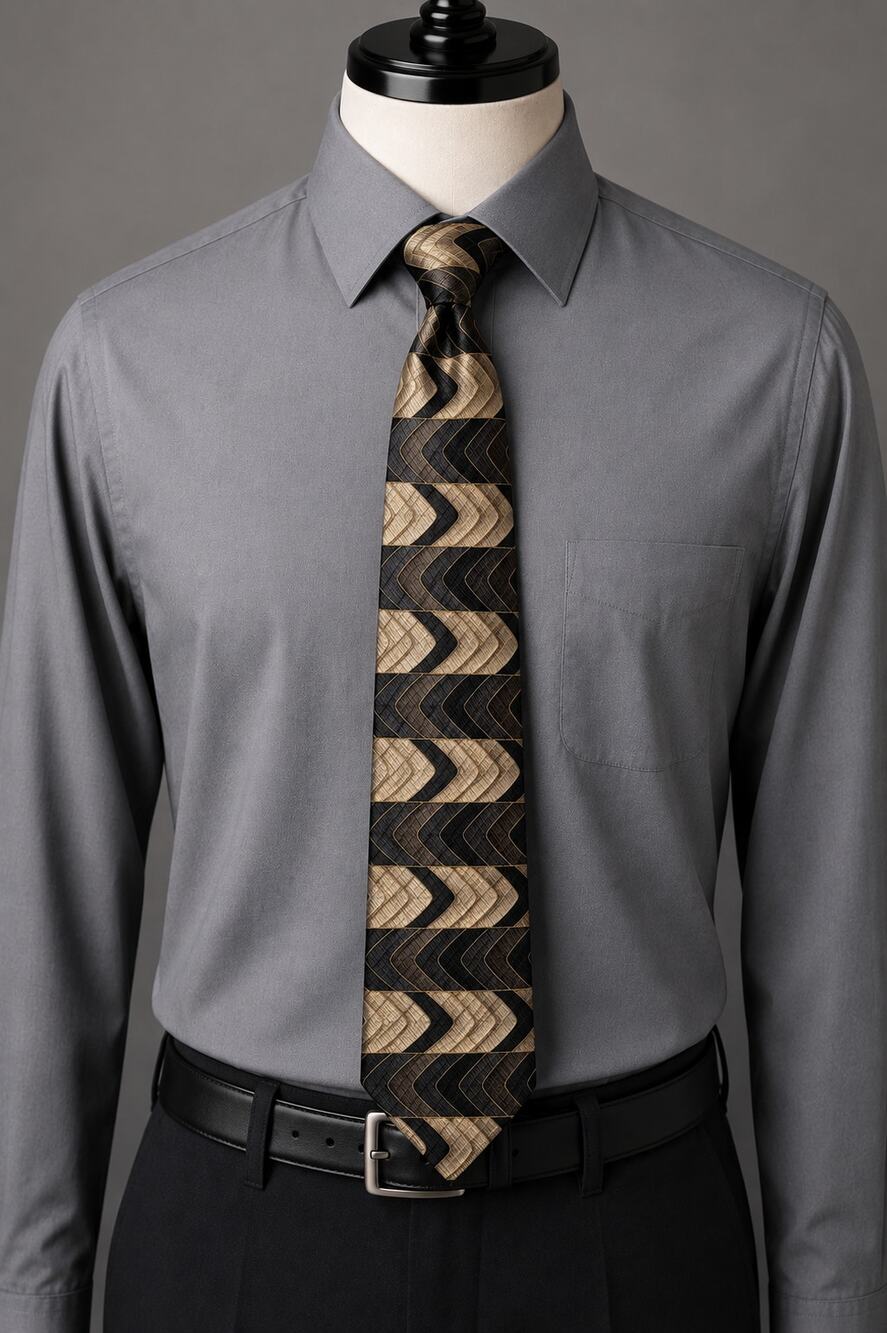 Murano Italia 100% Silk Tie Black Gold Taupe Chevron Geometric Made USA